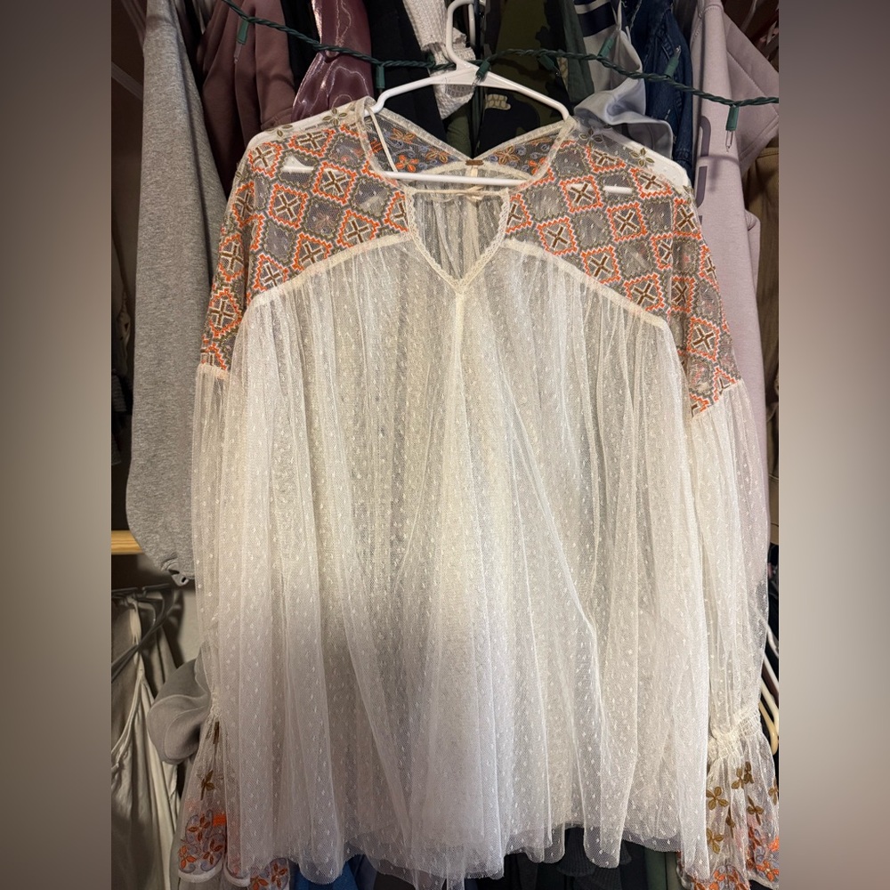 Free People Lace Top with Floral Embroidery
